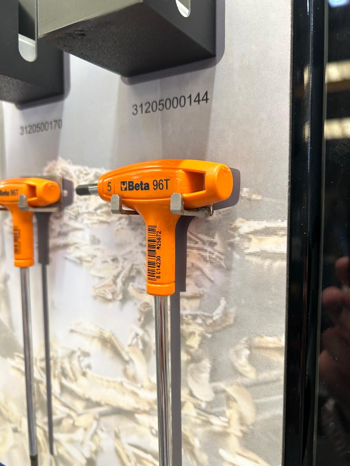 Custom engineered hooks holding Beta T-handle hex keys on a ToolBoard